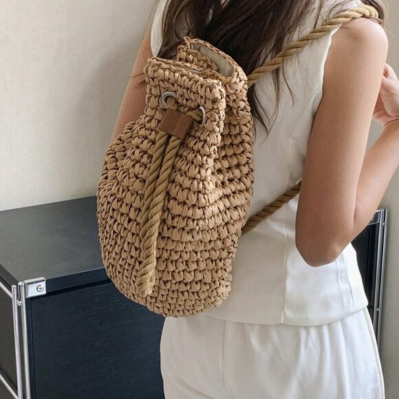 Khaki Casual Women's Foldable Bucket Drawstring Backpack Outdoor - Picture 6 of 11